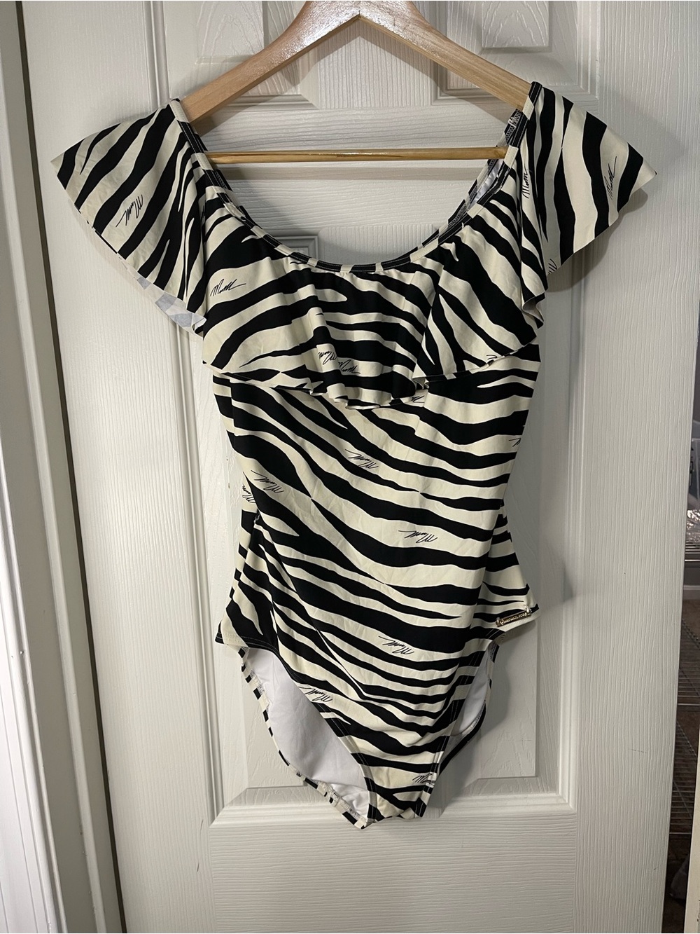 Michael Kors Beige and Black Ruffle Top One Piece Swimsuit size 12